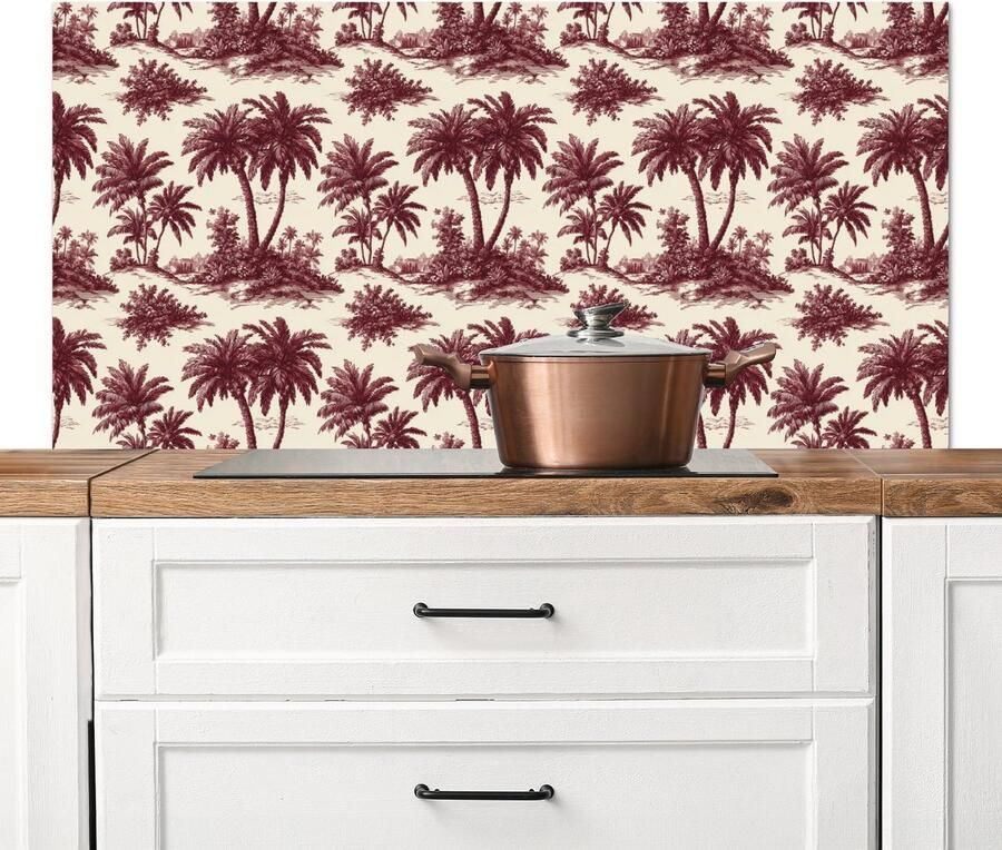 KitchenYeah Spatscherm keuken 120x60 cm Kookplaat achterwand Tropisch Geometrisch Bordeauxrood Muurbeschermer Spatwand fornuis Hoogwaardig aluminium