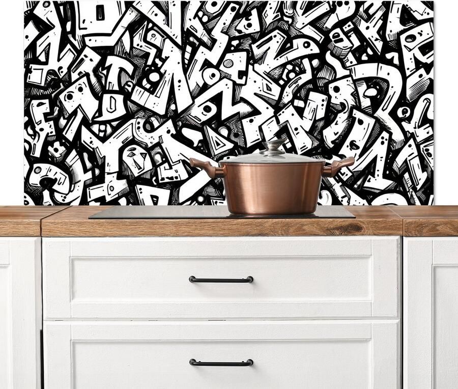 KitchenYeah Spatscherm keuken 120x60 cm Kookplaat achterwand Vormen Letters Graffiti Zwart Muurbeschermer Spatwand fornuis Hoogwaardig aluminium
