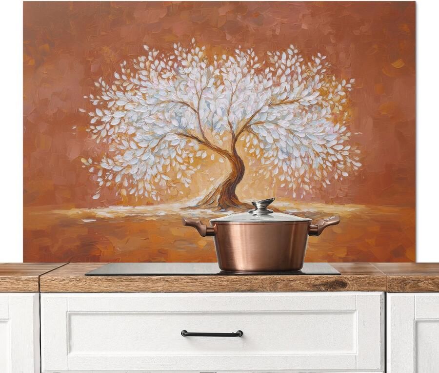 KitchenYeah Spatscherm keuken 120x80 cm Kookplaat achterwand Abstract Boom Wit Bladeren Muurbeschermer Spatwand fornuis Hoogwaardig aluminium