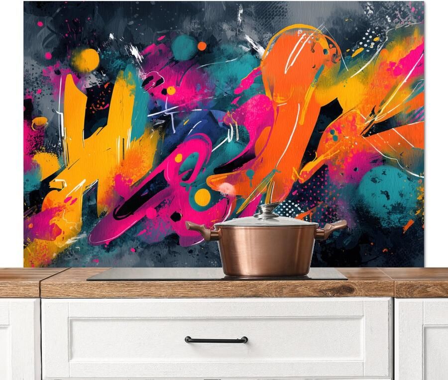 KitchenYeah Spatscherm keuken 120x80 cm Kookplaat achterwand Abstract Graffiti Kleurrijk Verfspatten Muurbeschermer Spatwand fornuis Hoogwaardig aluminium
