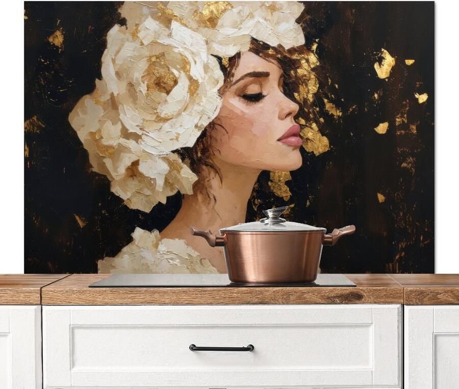 KitchenYeah Spatscherm keuken 120x80 cm Kookplaat achterwand Abstract Vrouw Bloemen Wit Muurbeschermer Spatwand fornuis Hoogwaardig aluminium