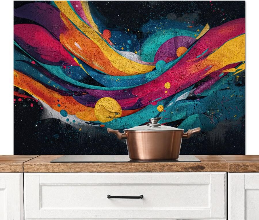 KitchenYeah Spatscherm keuken 120x80 cm Kookplaat achterwand Banen Golven Kleurrijk Abstract Muurbeschermer Spatwand fornuis Hoogwaardig aluminium