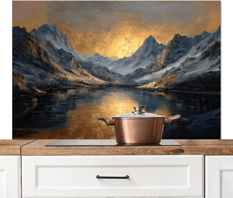 KitchenYeah Spatscherm keuken 120x80 cm Kookplaat achterwand Berglandschap met Gouden Zonsondergang Muurbeschermer Spatwand fornuis Hoogwaardig aluminium