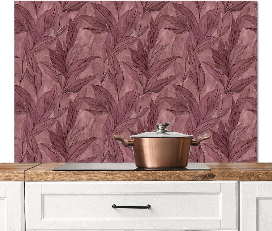 KitchenYeah Spatscherm keuken 120x80 cm Kookplaat achterwand Bladeren Patroon Paars Muurbeschermer Spatwand fornuis Hoogwaardig aluminium