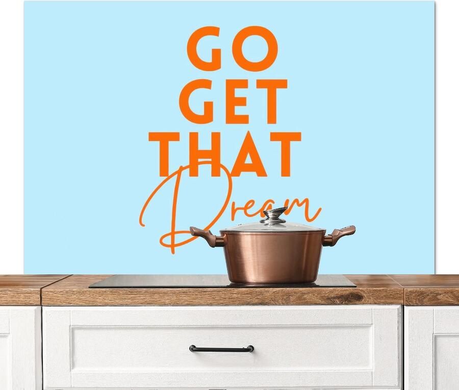 KitchenYeah Spatscherm keuken 120x80 cm Kookplaat achterwand Blauw Oranje Tekst Muurbeschermer Spatwand fornuis Hoogwaardig aluminium
