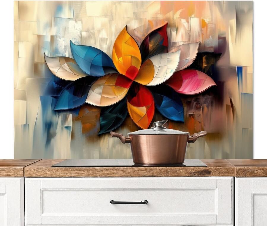 KitchenYeah Spatscherm keuken 120x80 cm Kookplaat achterwand Bloem Abstract Kleurrijk Bladeren Muurbeschermer Spatwand fornuis Hoogwaardig aluminium