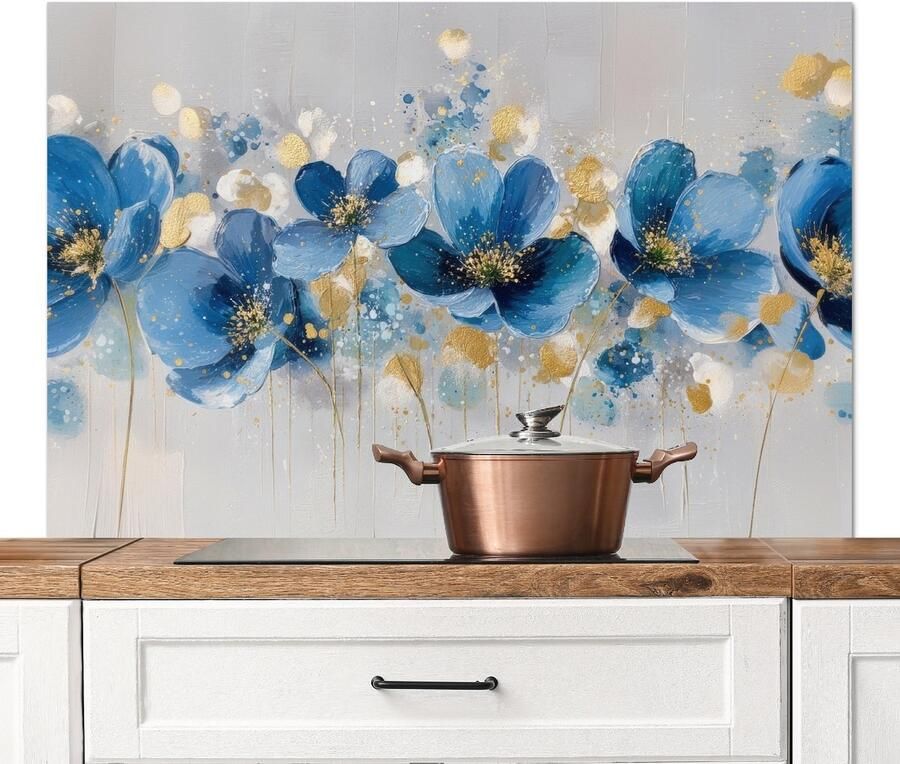 KitchenYeah Spatscherm keuken 120x80 cm Kookplaat achterwand Bloemen Blauw Abstract Muurbeschermer Spatwand fornuis Hoogwaardig aluminium
