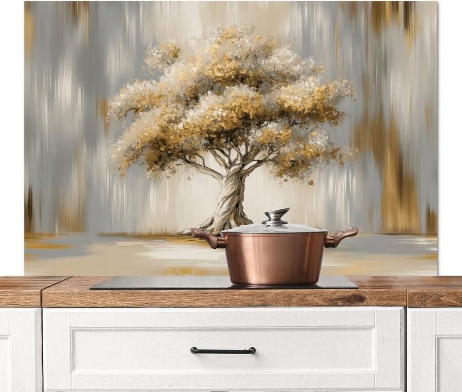 KitchenYeah Spatscherm keuken 120x80 cm Kookplaat achterwand Boom Bladeren Abstract Wit Muurbeschermer Spatwand fornuis Hoogwaardig aluminium