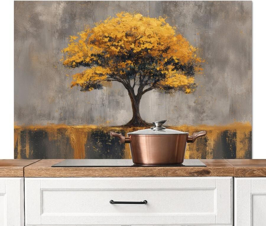 KitchenYeah Spatscherm keuken 120x80 cm Kookplaat achterwand Boom Bladeren Goud Abstract Muurbeschermer Spatwand fornuis Hoogwaardig aluminium