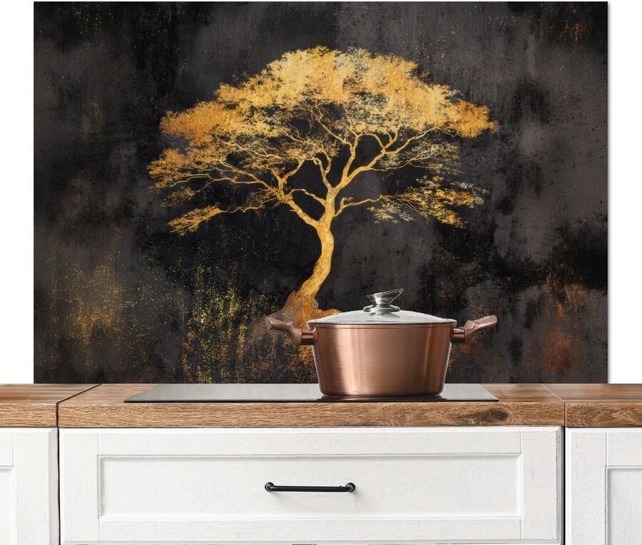 KitchenYeah Spatscherm keuken 120x80 cm Kookplaat achterwand Boom Schilderij Goud Abstract Muurbeschermer Spatwand fornuis Hoogwaardig aluminium