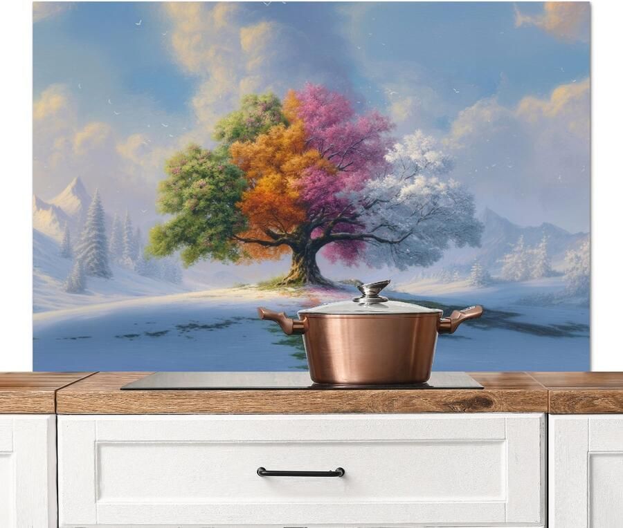 KitchenYeah Spatscherm keuken 120x80 cm Kookplaat achterwand Boom Seizoenen Winter Landschap Muurbeschermer Spatwand fornuis Hoogwaardig aluminium