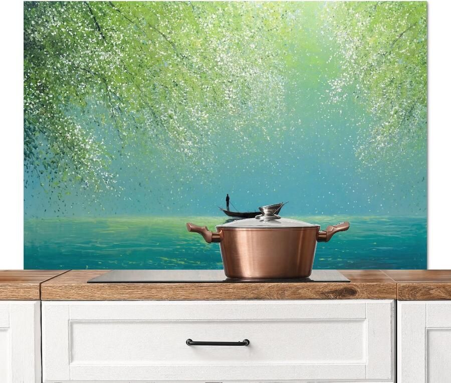 KitchenYeah Spatscherm keuken 120x80 cm Kookplaat achterwand Bootje Water Bladeren Bloesems Muurbeschermer Spatwand fornuis Hoogwaardig aluminium
