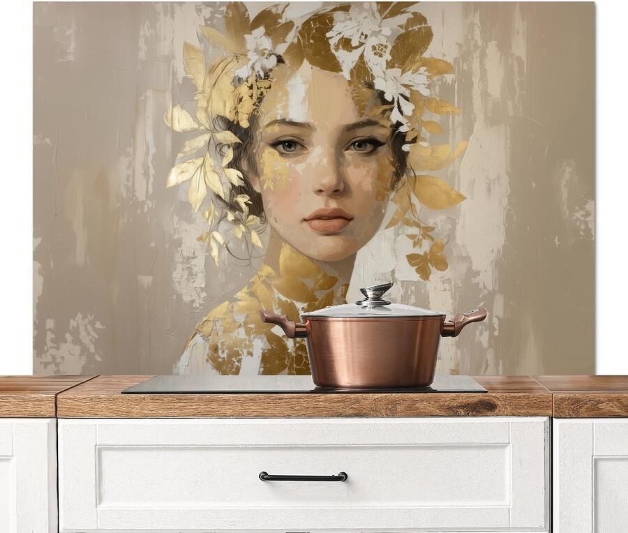 KitchenYeah Spatscherm keuken 120x80 cm Kookplaat achterwand Gezicht Vrouw Bladeren Goud Muurbeschermer Spatwand fornuis Hoogwaardig aluminium