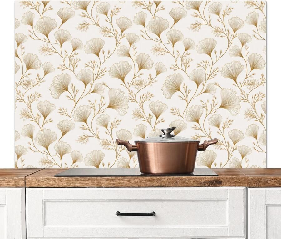 KitchenYeah Spatscherm keuken 120x80 cm Kookplaat achterwand Ginkgo Takken Goud Muurbeschermer Spatwand fornuis Hoogwaardig aluminium