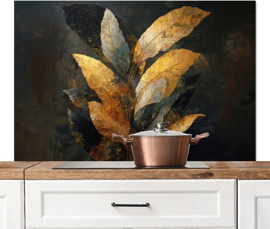 KitchenYeah Spatscherm keuken 120x80 cm Kookplaat achterwand Gouden Bladcompositie – Botanische Luxe Muurbeschermer Spatwand fornuis Hoogwaardig aluminium