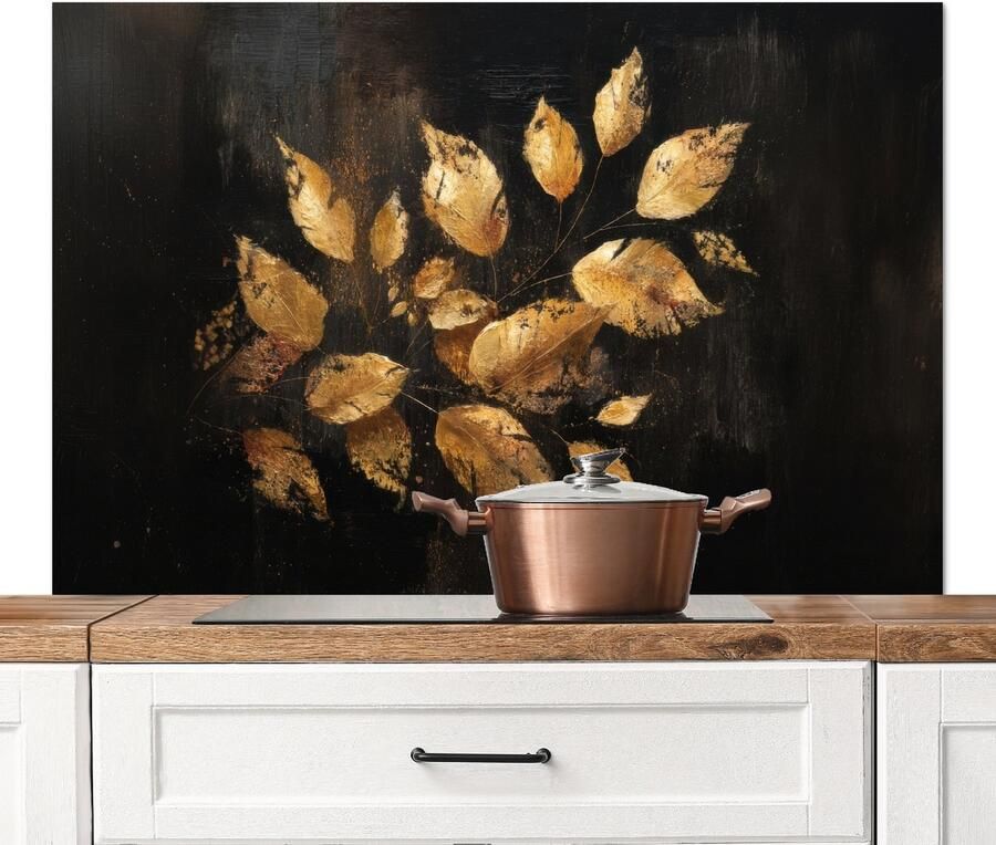 KitchenYeah Spatscherm keuken 120x80 cm Kookplaat achterwand Gouden Bladeren op Donkere Achtergrond Muurbeschermer Spatwand fornuis Hoogwaardig aluminium