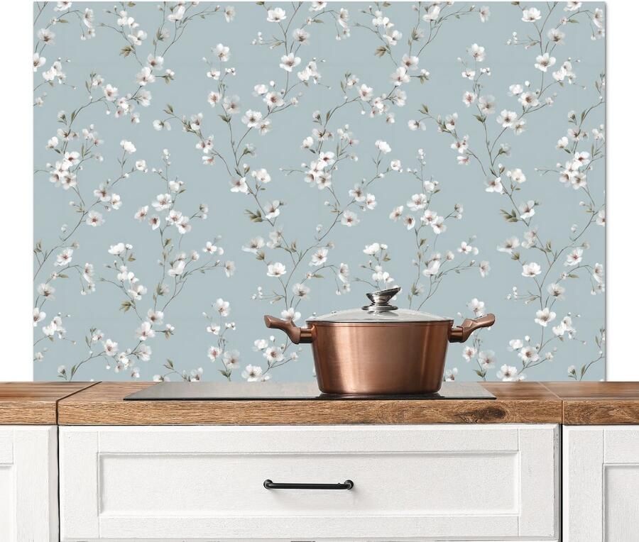 KitchenYeah Spatscherm keuken 120x80 cm Kookplaat achterwand Klassiek Bloemen Blauw Muurbeschermer Spatwand fornuis Hoogwaardig aluminium