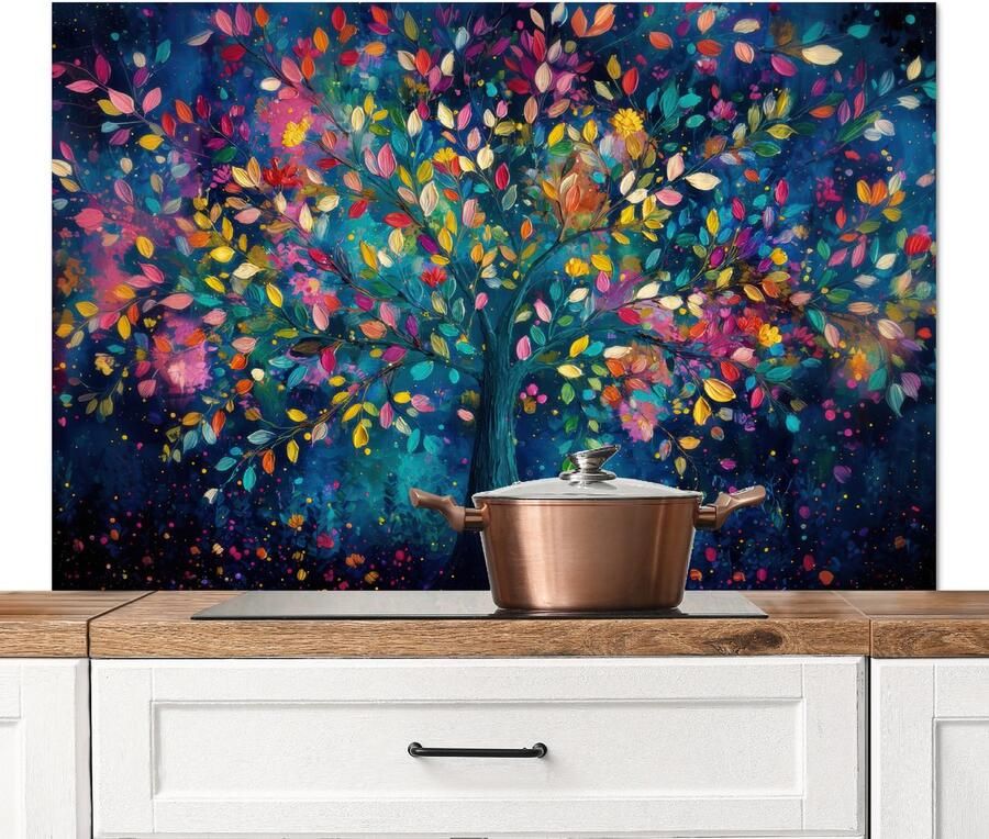 KitchenYeah Spatscherm keuken 120x80 cm Kookplaat achterwand Kleurrijk Boom Magisch Abstract Muurbeschermer Spatwand fornuis Hoogwaardig aluminium