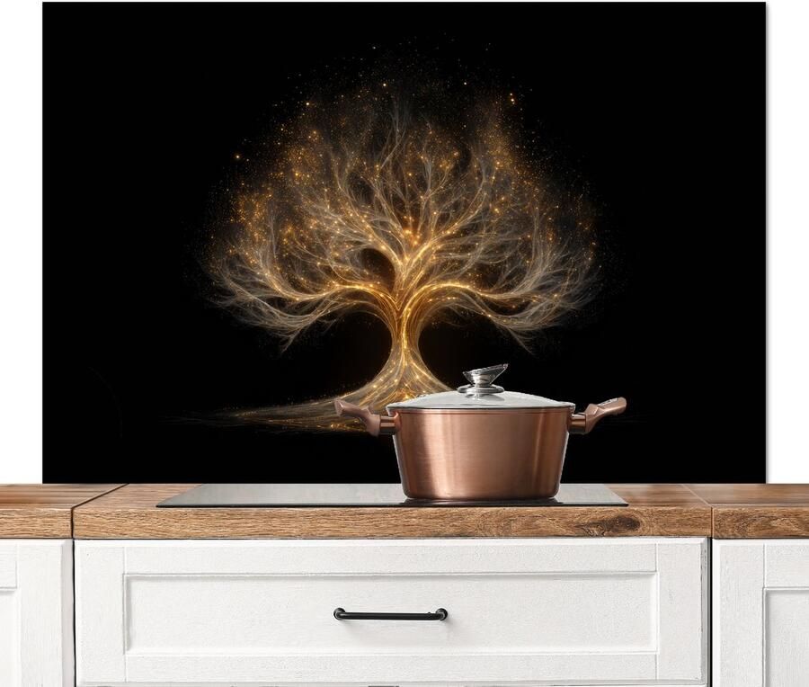 KitchenYeah Spatscherm keuken 120x80 cm Kookplaat achterwand Lichtjes Boom Abstract Zwart Muurbeschermer Spatwand fornuis Hoogwaardig aluminium