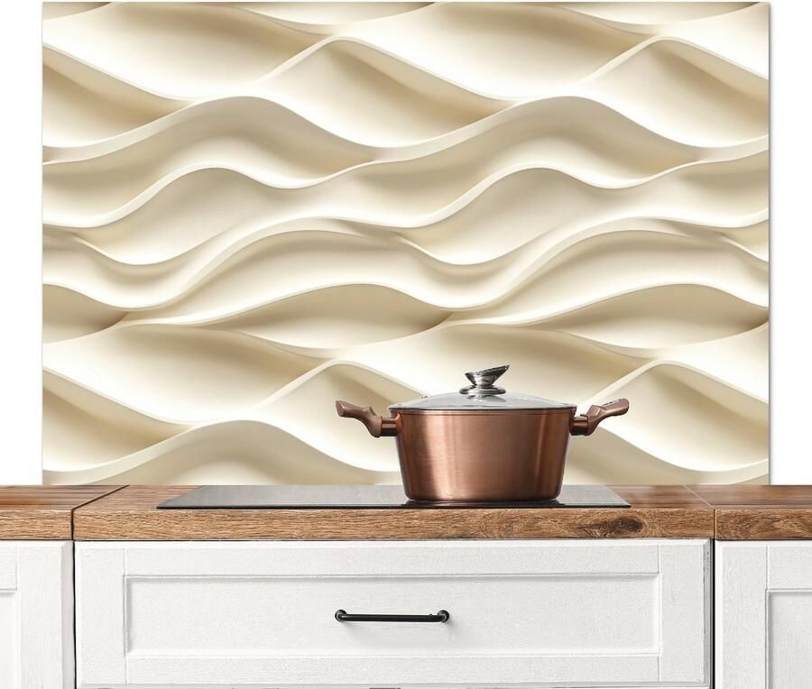 KitchenYeah Spatscherm keuken 120x80 cm Kookplaat achterwand Lijnen Golvend Crème Muurbeschermer Spatwand fornuis Hoogwaardig aluminium