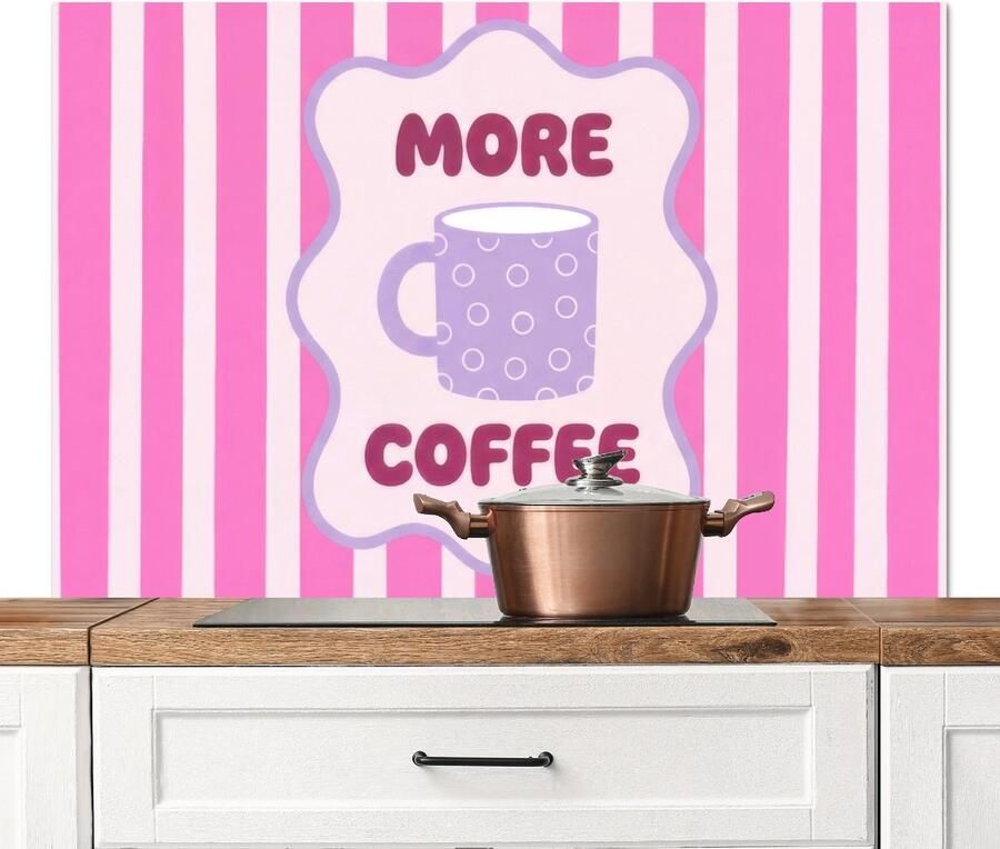 KitchenYeah Spatscherm keuken 120x80 cm Kookplaat achterwand More coffee Roze Paars Strepen Mok Muurbeschermer Spatwand fornuis Hoogwaardig aluminium