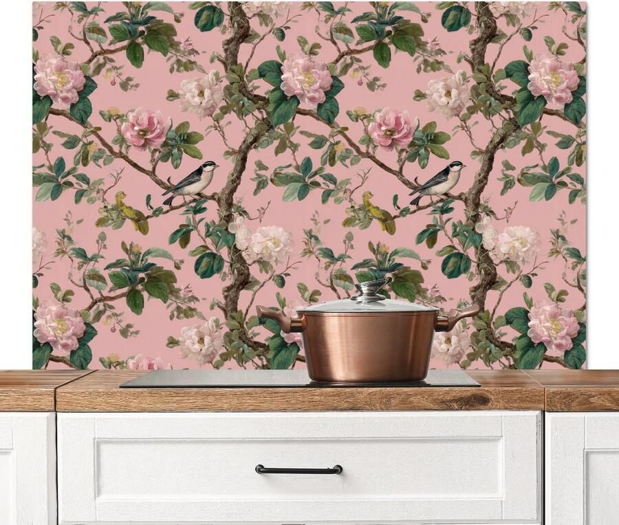 KitchenYeah Spatscherm keuken 120x80 cm Kookplaat achterwand Pioenrozen Botanisch Vogel Muurbeschermer Spatwand fornuis Hoogwaardig aluminium