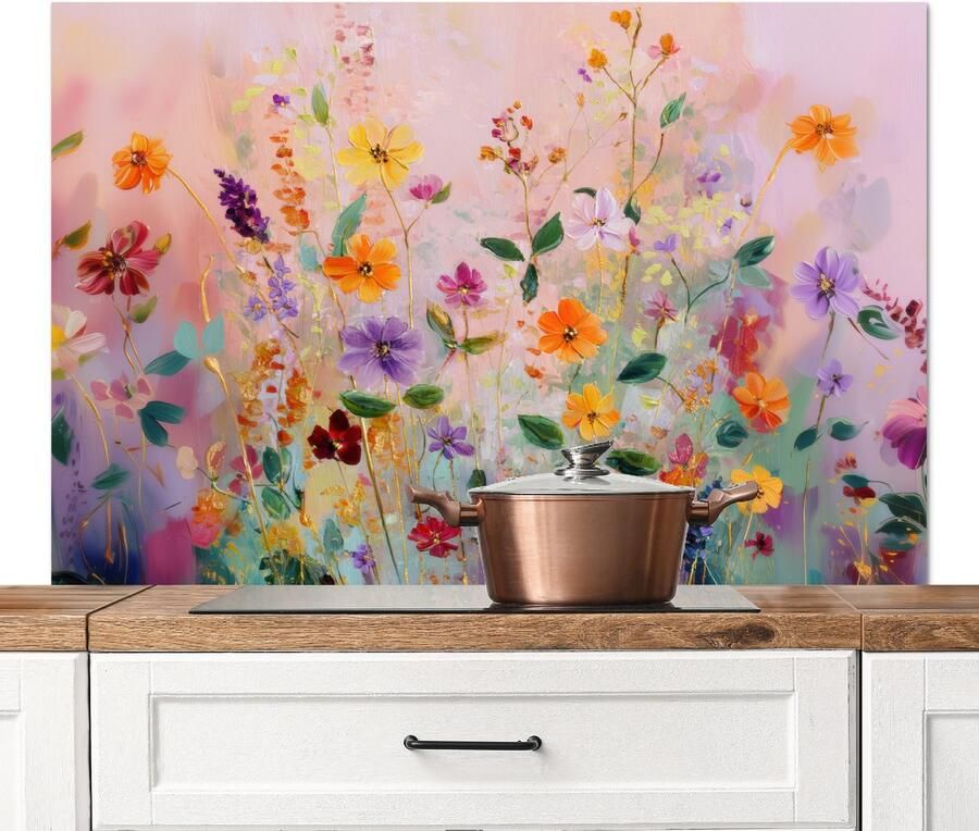 KitchenYeah Spatscherm keuken 120x80 cm Kookplaat achterwand Schilderij Bloemen Abstract Kleurrijk Muurbeschermer Spatwand fornuis Hoogwaardig aluminium