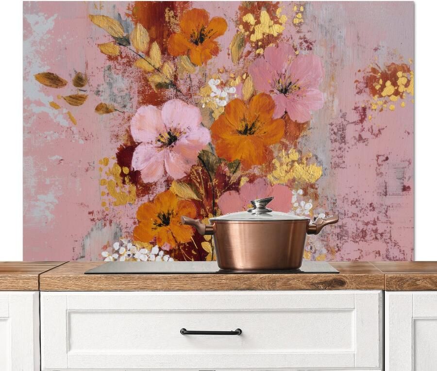 KitchenYeah Spatscherm keuken 120x80 cm Kookplaat achterwand Schilderij Bloemen Rustiek Roze Muurbeschermer Spatwand fornuis Hoogwaardig aluminium
