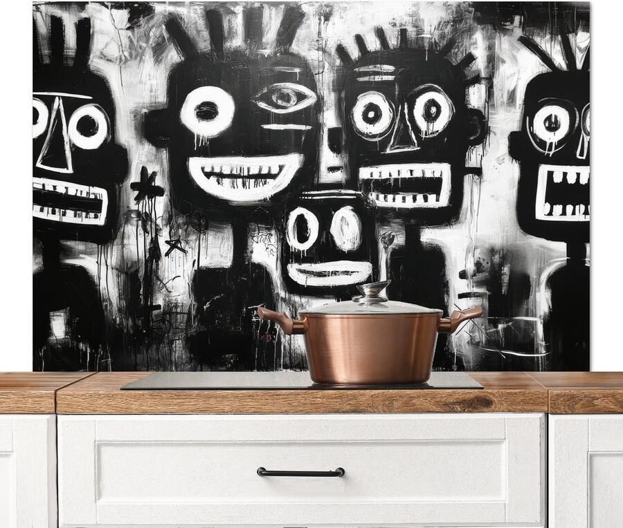KitchenYeah Spatscherm keuken 120x80 cm Kookplaat achterwand Schilderij Figuren Zwart Abstract Muurbeschermer Spatwand fornuis Hoogwaardig aluminium