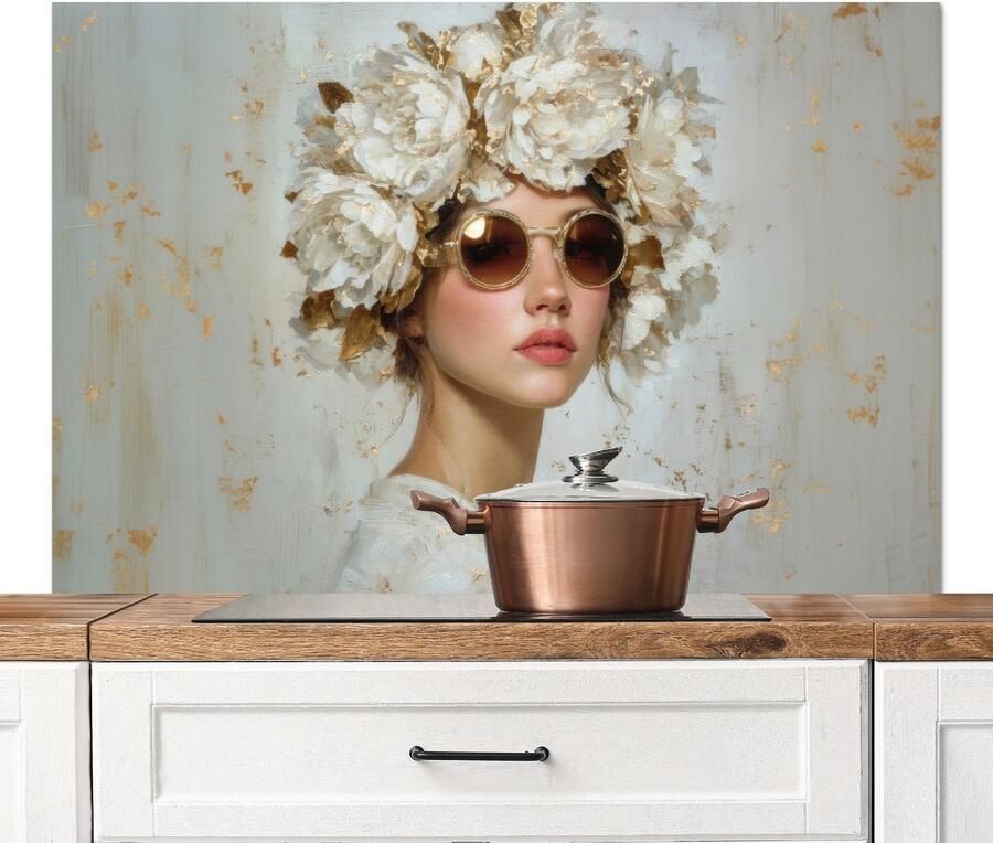 KitchenYeah Spatscherm keuken 120x80 cm Kookplaat achterwand Schilderij Vrouw Zonnebril Bloemenkrans Muurbeschermer Spatwand fornuis Hoogwaardig aluminium