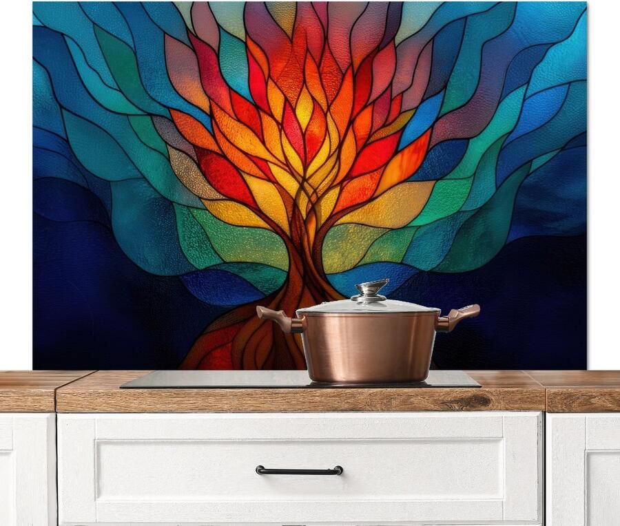 KitchenYeah Spatscherm keuken 120x80 cm Kookplaat achterwand Sierglas Boom Rood Vlakken Muurbeschermer Spatwand fornuis Hoogwaardig aluminium
