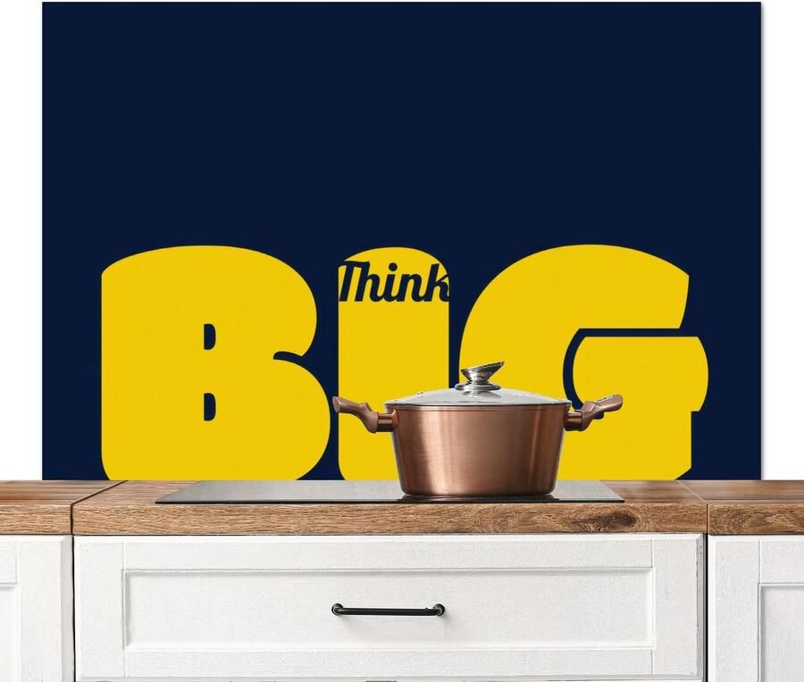 KitchenYeah Spatscherm keuken 120x80 cm Kookplaat achterwand Think big Blauw Geel Muurbeschermer Spatwand fornuis Hoogwaardig aluminium