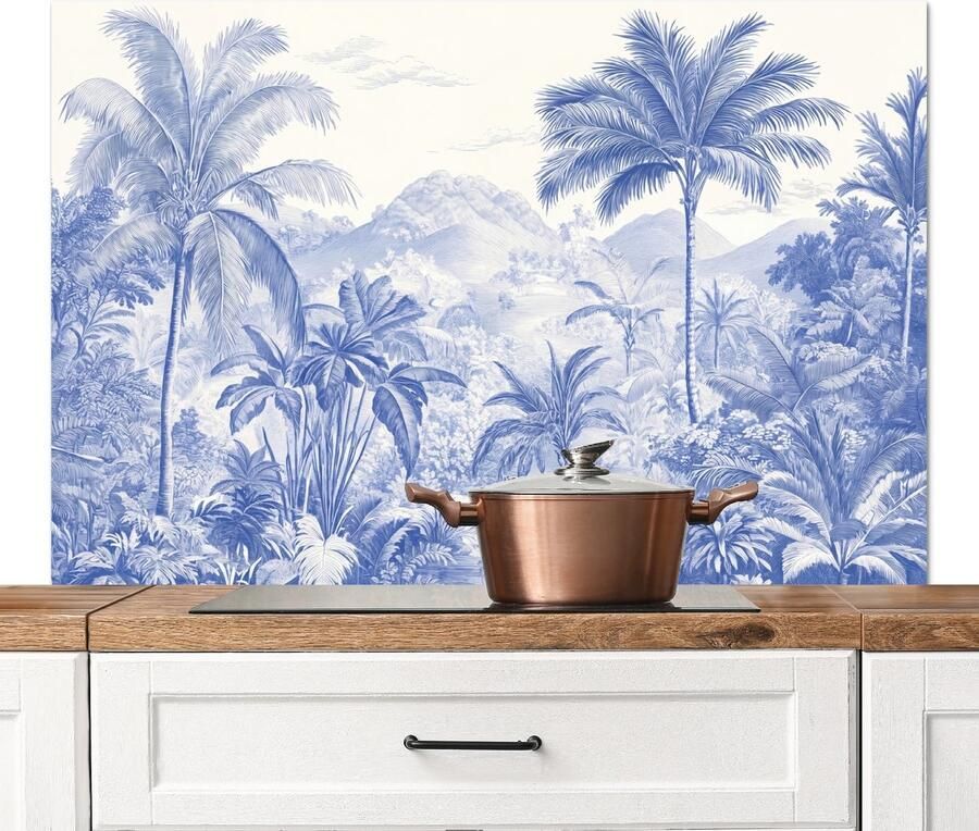 KitchenYeah Spatscherm keuken 120x80 cm Kookplaat achterwand Tropisch Jungle Blauw Muurbeschermer Spatwand fornuis Hoogwaardig aluminium