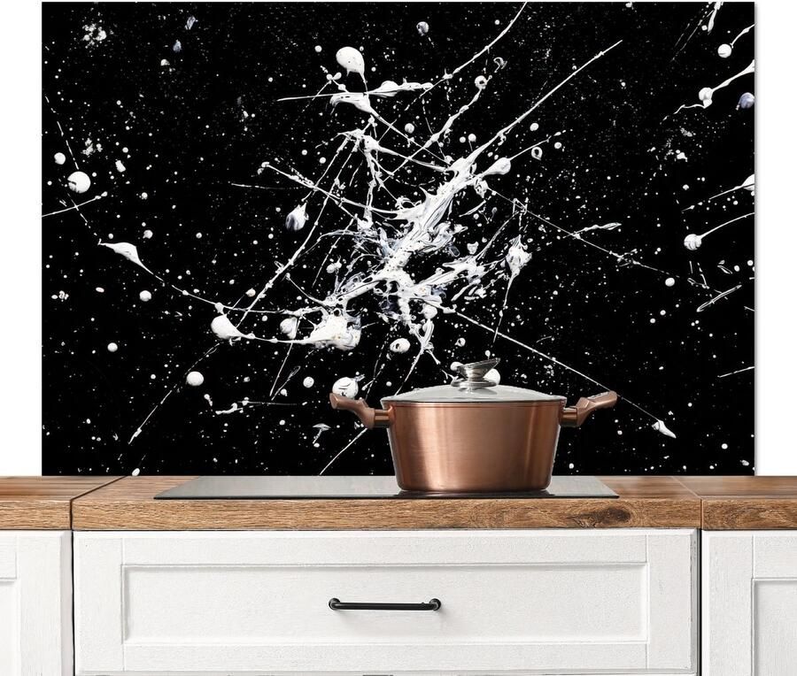 KitchenYeah Spatscherm keuken 120x80 cm Kookplaat achterwand Verfspatten Wit Abstract Explosie Muurbeschermer Spatwand fornuis Hoogwaardig aluminium