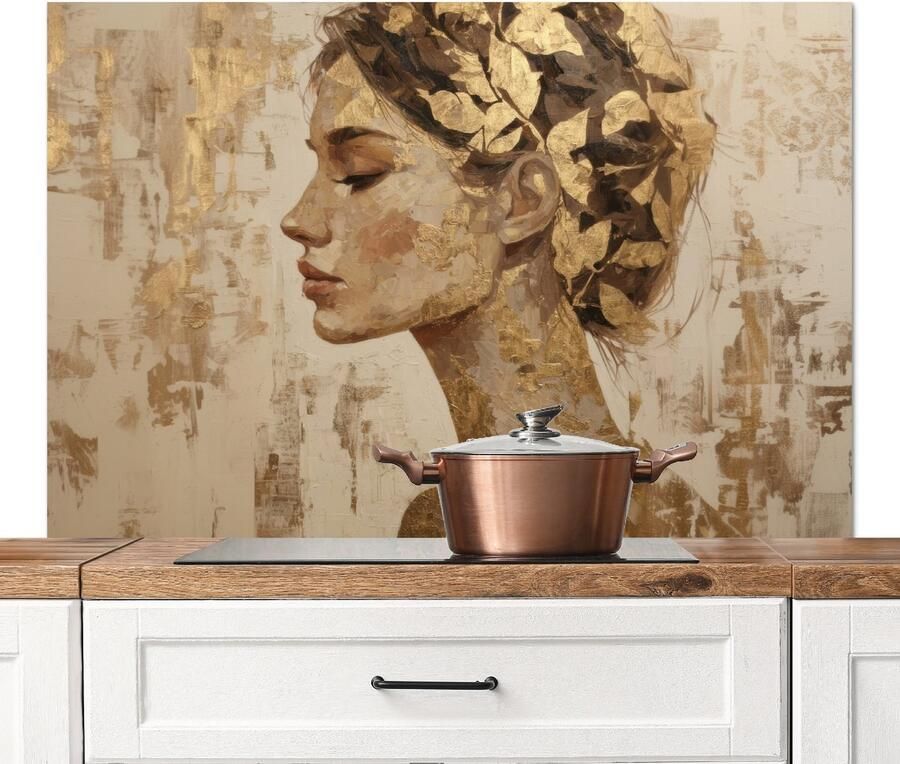 KitchenYeah Spatscherm keuken 120x80 cm Kookplaat achterwand Vrouw Goud Abstract Textuur Muurbeschermer Spatwand fornuis Hoogwaardig aluminium