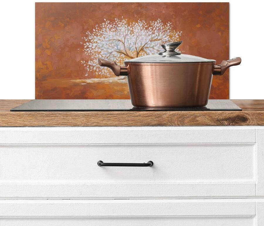 KitchenYeah Spatscherm keuken 60x30 cm Kookplaat achterwand Abstract Boom Wit Bladeren Muurbeschermer Spatwand fornuis Hoogwaardig aluminium