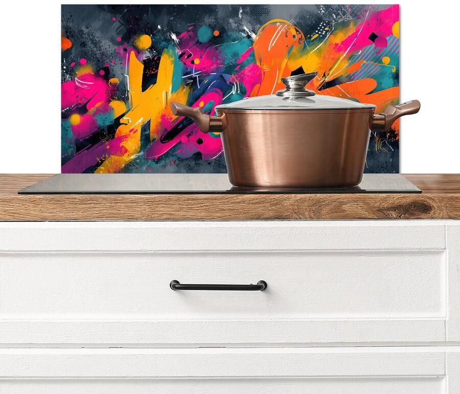 KitchenYeah Spatscherm keuken 70x30 cm Kookplaat achterwand Abstract Graffiti Kleurrijk Verfspatten Muurbeschermer Spatwand fornuis Hoogwaardig aluminium