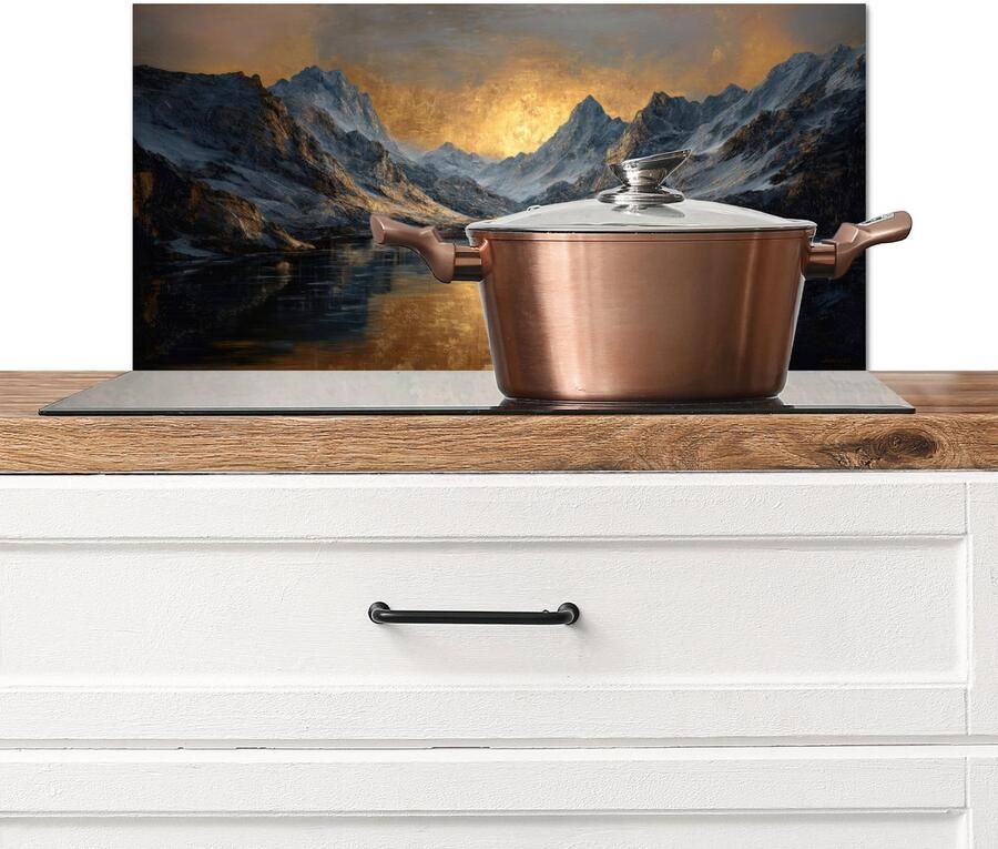 KitchenYeah Spatscherm keuken 60x30 cm Kookplaat achterwand Berglandschap met Gouden Zonsondergang Muurbeschermer Spatwand fornuis Hoogwaardig aluminium