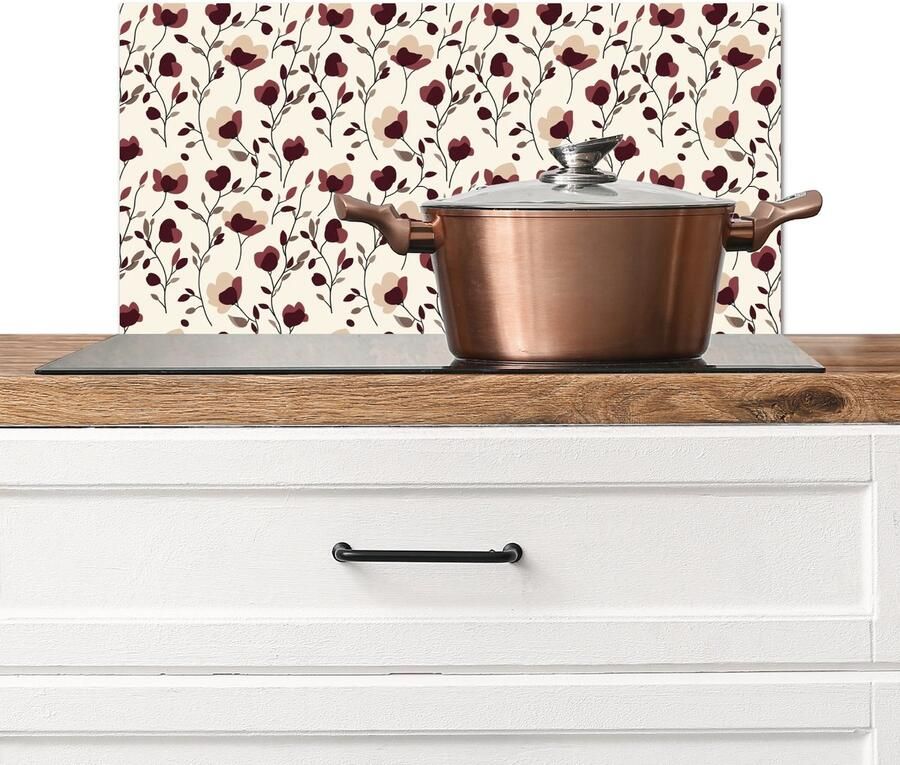 KitchenYeah Spatscherm keuken 60x30 cm Kookplaat achterwand Bloemen Botanisch Bordeaux Muurbeschermer Spatwand fornuis Hoogwaardig aluminium