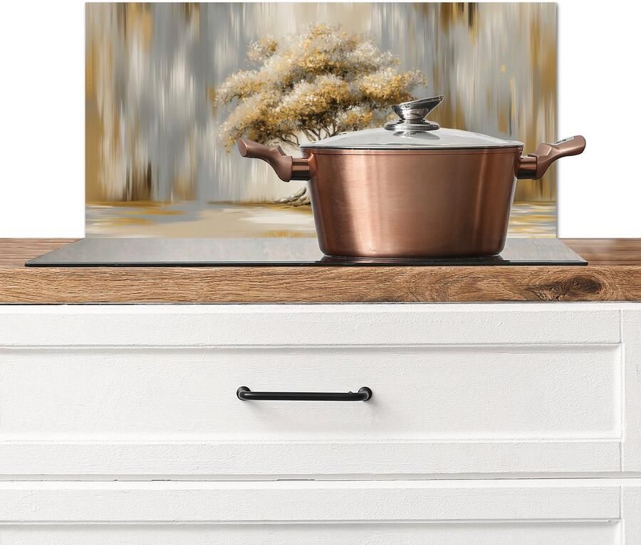 KitchenYeah Spatscherm keuken 70x30 cm Kookplaat achterwand Boom Bladeren Abstract Wit Muurbeschermer Spatwand fornuis Hoogwaardig aluminium