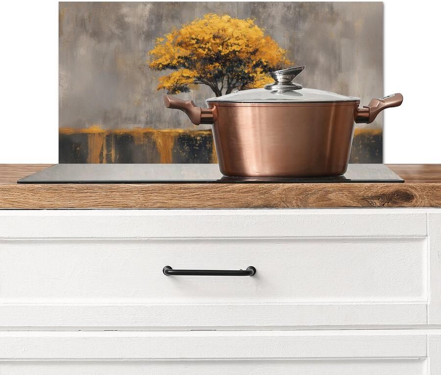 KitchenYeah Spatscherm keuken 70x30 cm Kookplaat achterwand Boom Bladeren Goud Abstract Muurbeschermer Spatwand fornuis Hoogwaardig aluminium