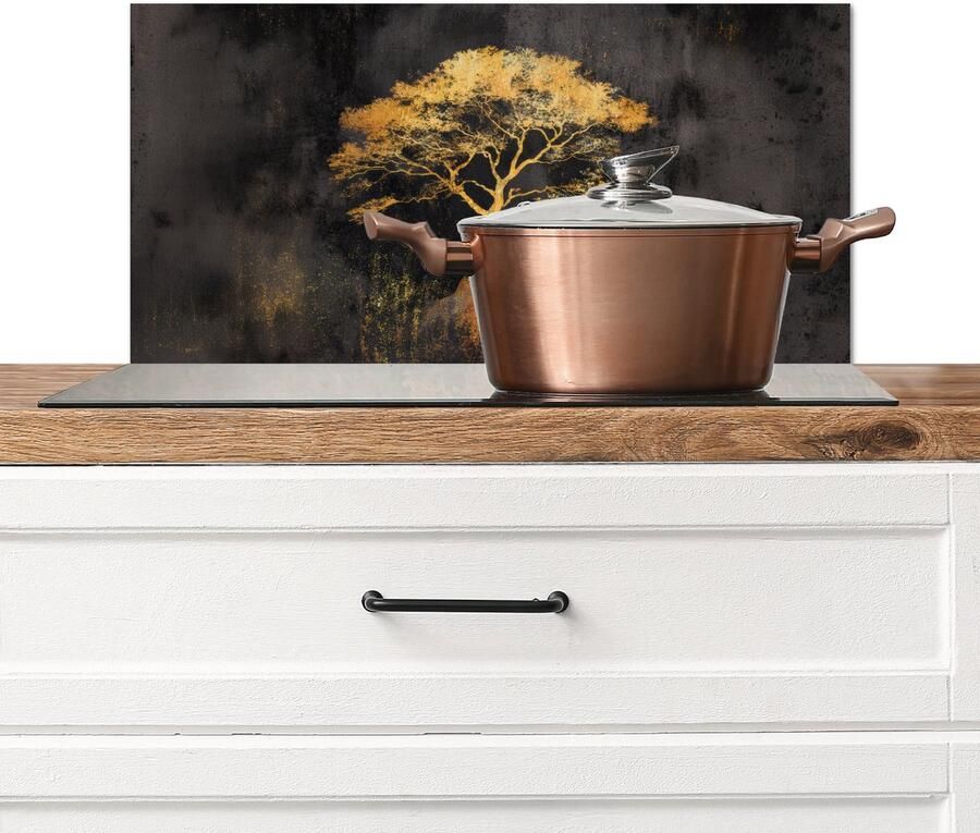 KitchenYeah Spatscherm keuken 60x30 cm Kookplaat achterwand Boom Schilderij Goud Abstract Muurbeschermer Spatwand fornuis Hoogwaardig aluminium