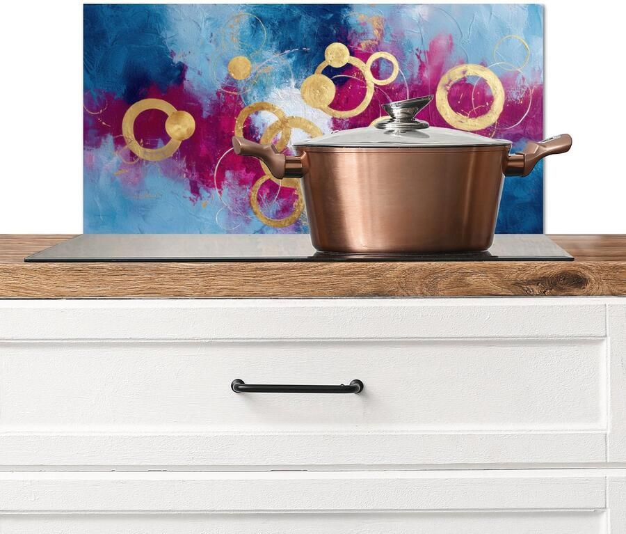 KitchenYeah Spatscherm keuken 60x30 cm Kookplaat achterwand Cirkels Goud Abstract Muurbeschermer Spatwand fornuis Hoogwaardig aluminium