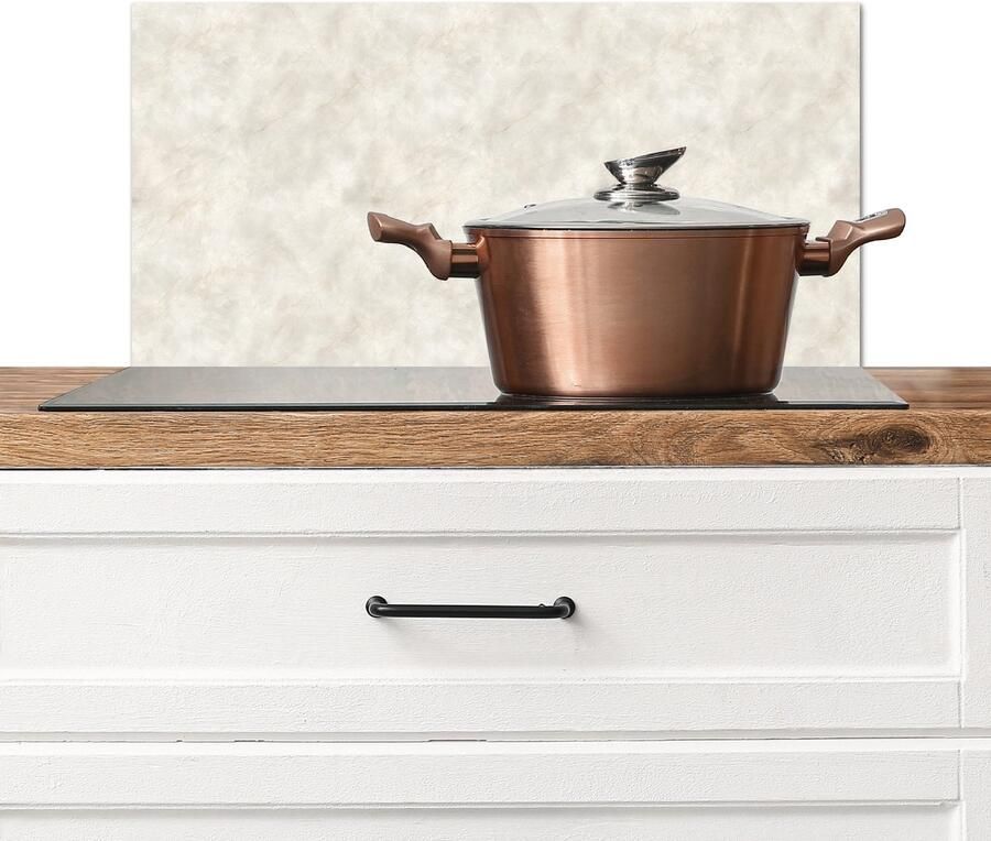 KitchenYeah Spatscherm keuken 60x30 cm Kookplaat achterwand Crèmebeige Marmer print Aders Muurbeschermer Spatwand fornuis Hoogwaardig aluminium