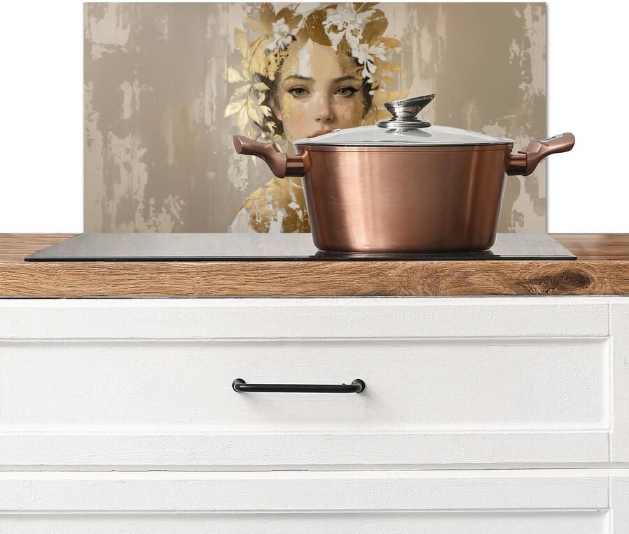 KitchenYeah Spatscherm keuken 60x30 cm Kookplaat achterwand Gezicht Vrouw Bladeren Goud Muurbeschermer Spatwand fornuis Hoogwaardig aluminium