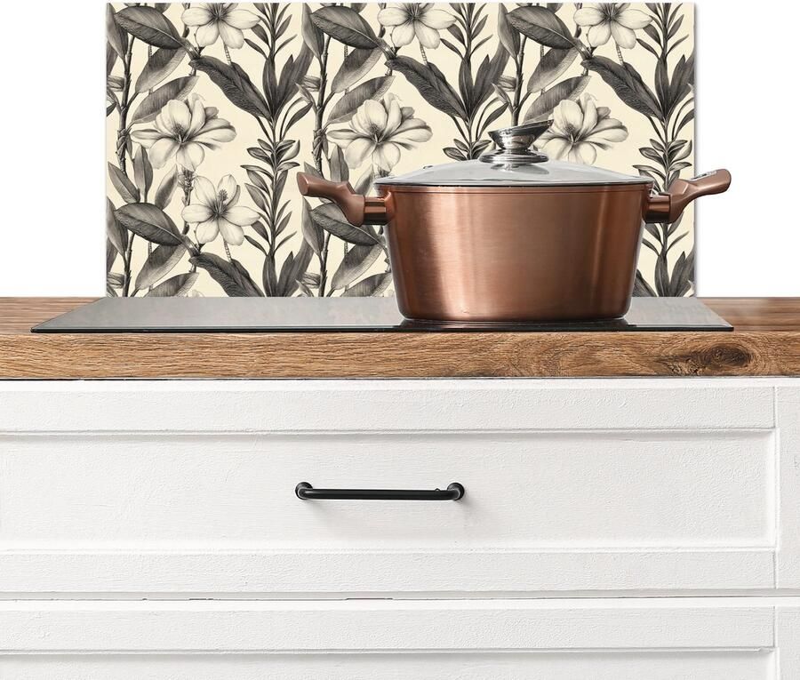 KitchenYeah Spatscherm keuken 60x30 cm Kookplaat achterwand Klassiek Botanisch Zwart Beige Muurbeschermer Spatwand fornuis Hoogwaardig aluminium
