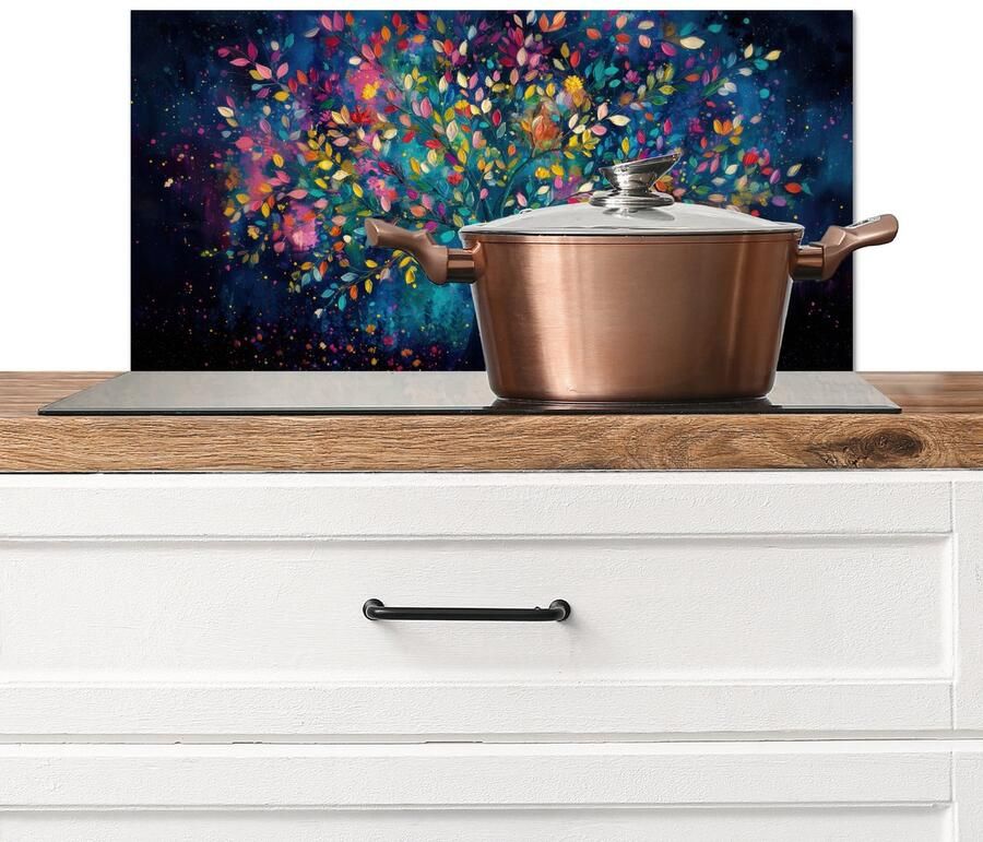 KitchenYeah Spatscherm keuken 60x30 cm Kookplaat achterwand Kleurrijk Boom Magisch Abstract Muurbeschermer Spatwand fornuis Hoogwaardig aluminium