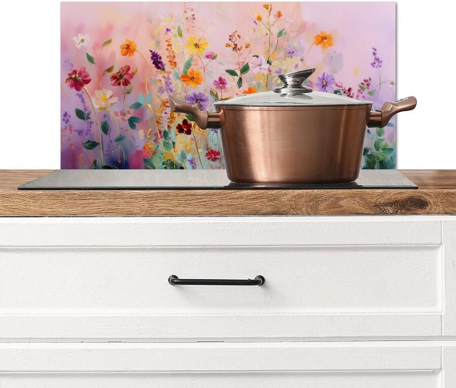 KitchenYeah Spatscherm keuken 60x30 cm Kookplaat achterwand Schilderij Bloemen Abstract Kleurrijk Muurbeschermer Spatwand fornuis Hoogwaardig aluminium
