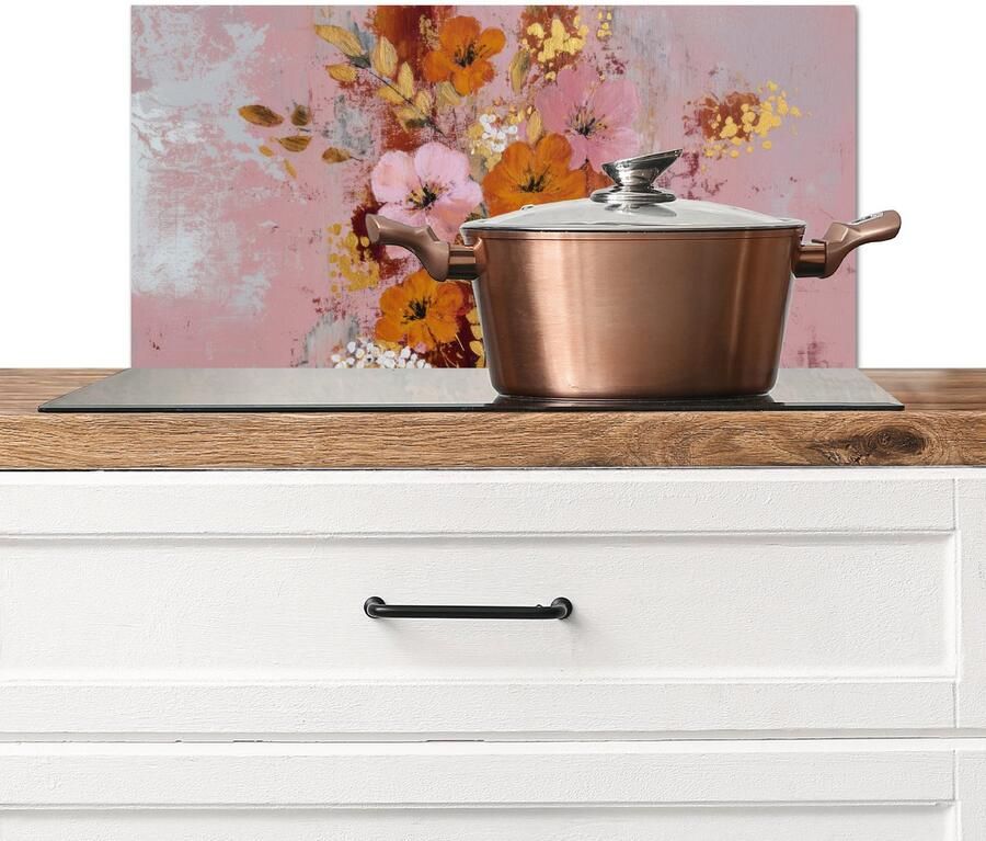 KitchenYeah Spatscherm keuken 70x30 cm Kookplaat achterwand Schilderij Bloemen Rustiek Roze Muurbeschermer Spatwand fornuis Hoogwaardig aluminium