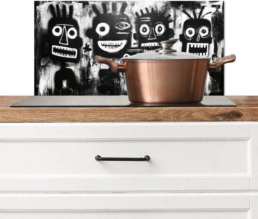 KitchenYeah Spatscherm keuken 60x30 cm Kookplaat achterwand Schilderij Figuren Zwart Abstract Muurbeschermer Spatwand fornuis Hoogwaardig aluminium
